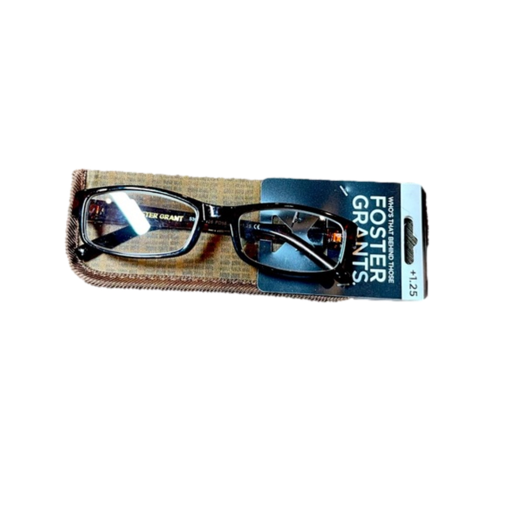 FOSTER GRANT brown plastic reading glasses with case. NEW. +1.25